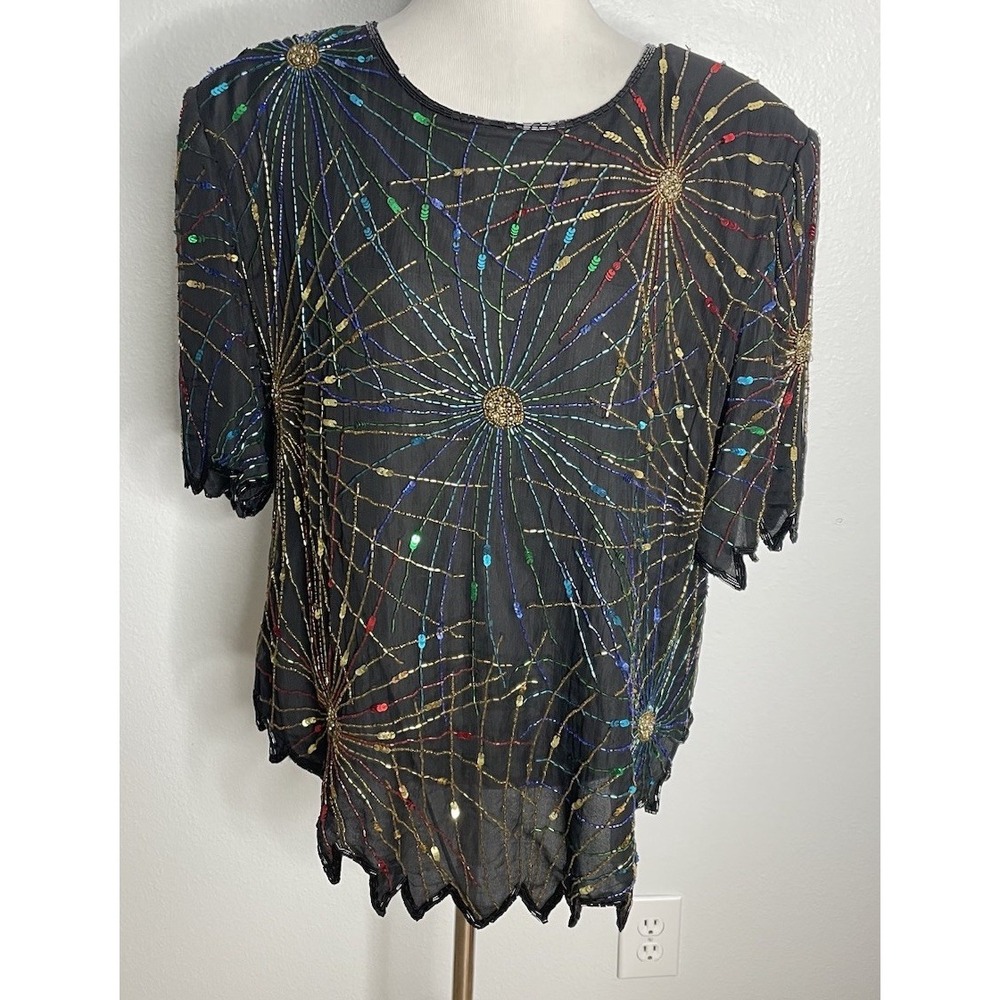 VTG Lawrence Kazar Black Silk Beaded  Starburst Blouse  Top  Cocktail Formal 3X